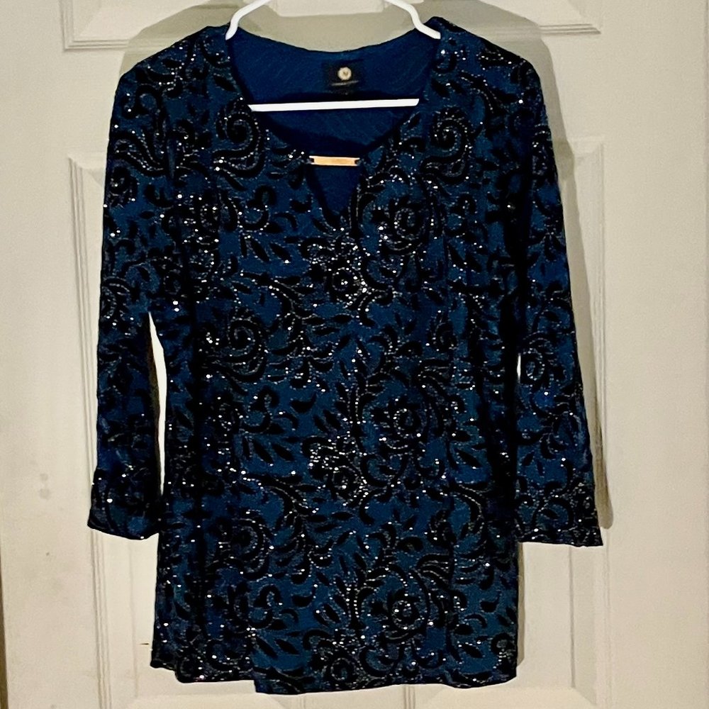 Blouse Navy, Black , with Small Rhinestones.  JM Collection Sz. M